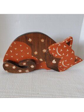 Sleeping Cat Doorstop Wood 13"x6.5" Vintage Handmade Folk Art Cottagecore